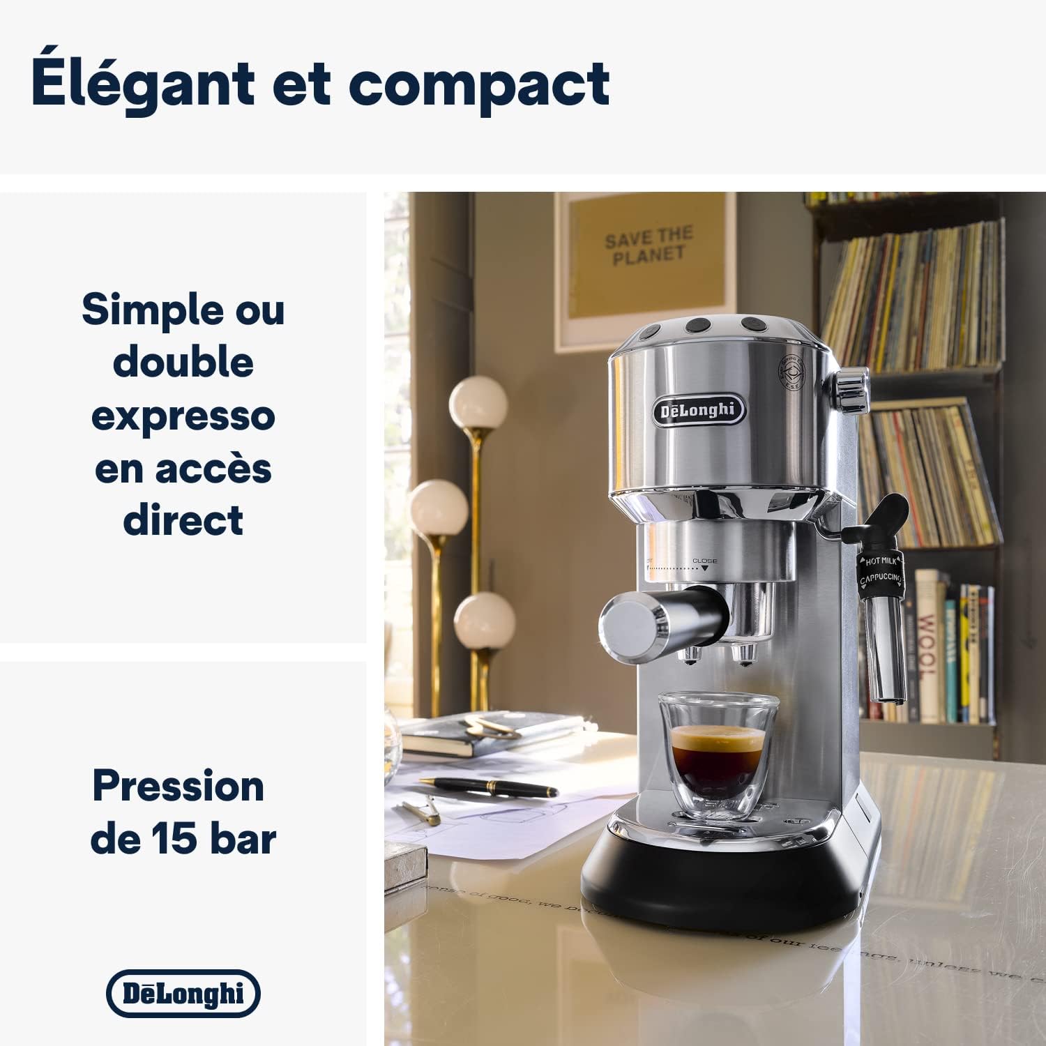 De'Longhi Dedica Style EC685.W, Machine à Café à Pompe en Acier Inoxydable Pour Café Moulu ou Dosettes, Machine à Espresso et Cappuccino, Réservoir de 1,3L, Système Anti-goutte, Blanc