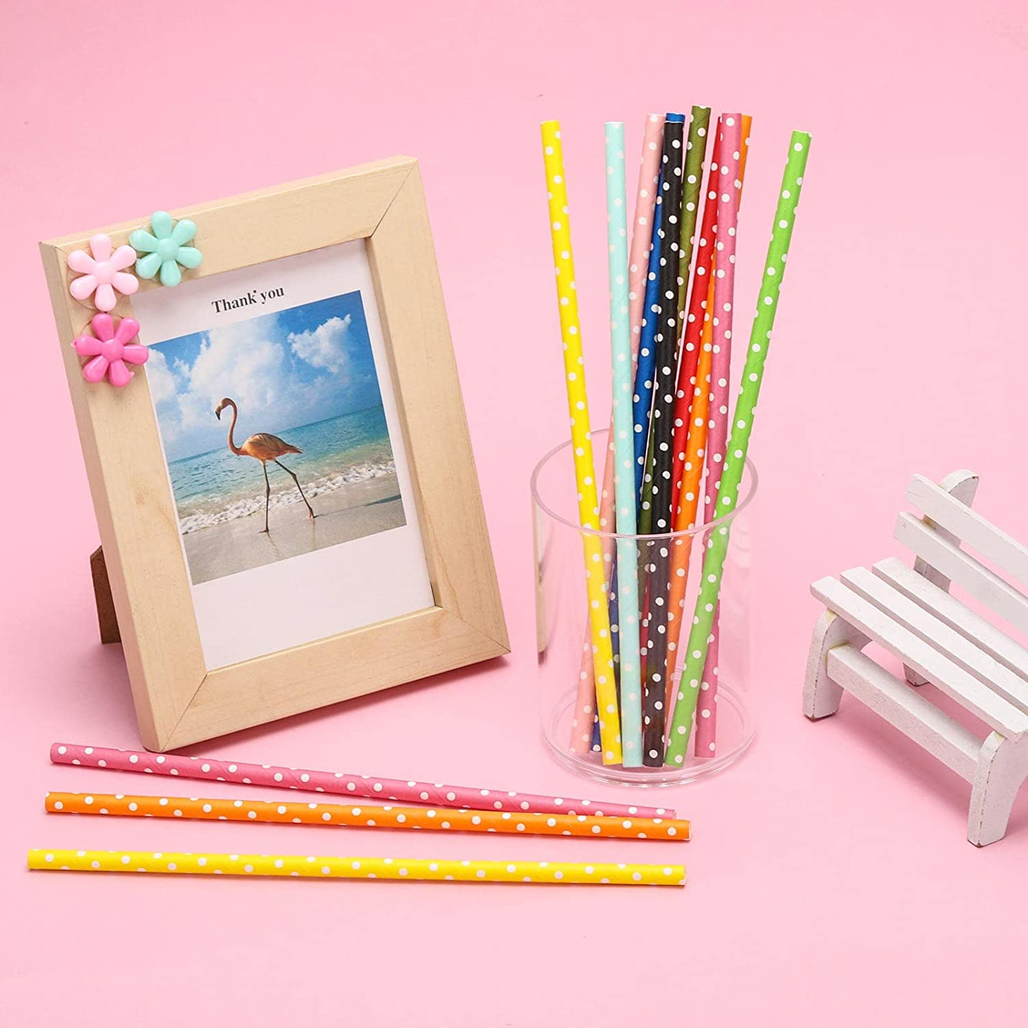 (25er Set) 20cm Papier Strohhalm Trinkhalm - Punkte (Bunt)