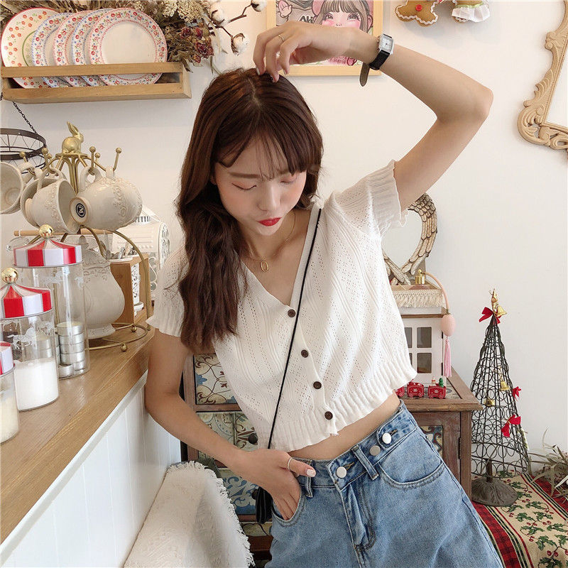 Maisee - Geperforeerde cropped cardigan met korte mouwen