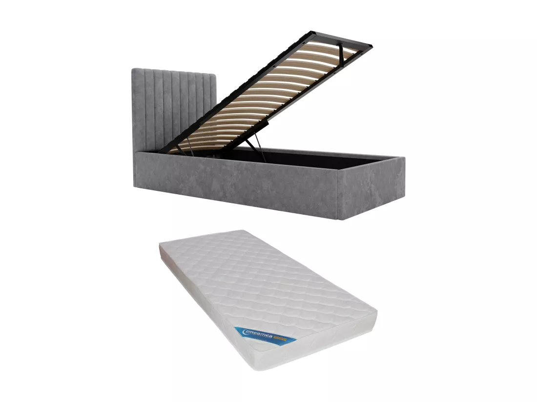 Lit coffre 90 x 190 cm avec tête de lit coutures verticales - Tissu - Gris + Matelas - SARAH