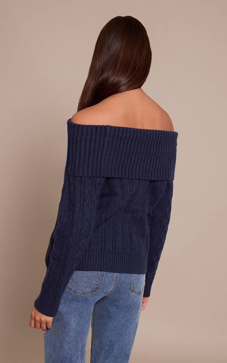 Bleu Marine Synthétiquell Bardot En Maille Torsadée Chiné