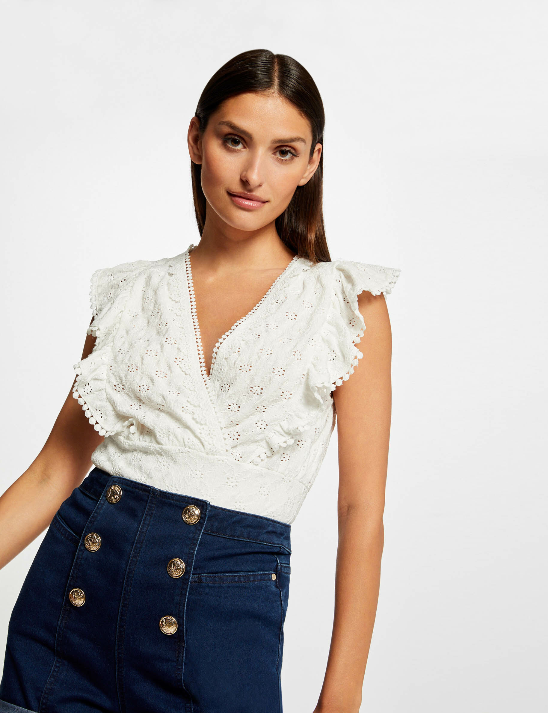 T-shirt volants et broderie anglaise ecru femme - ecru