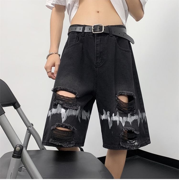 Hushgrain - Mid Rise Print Distressed Washed Denim Shorts