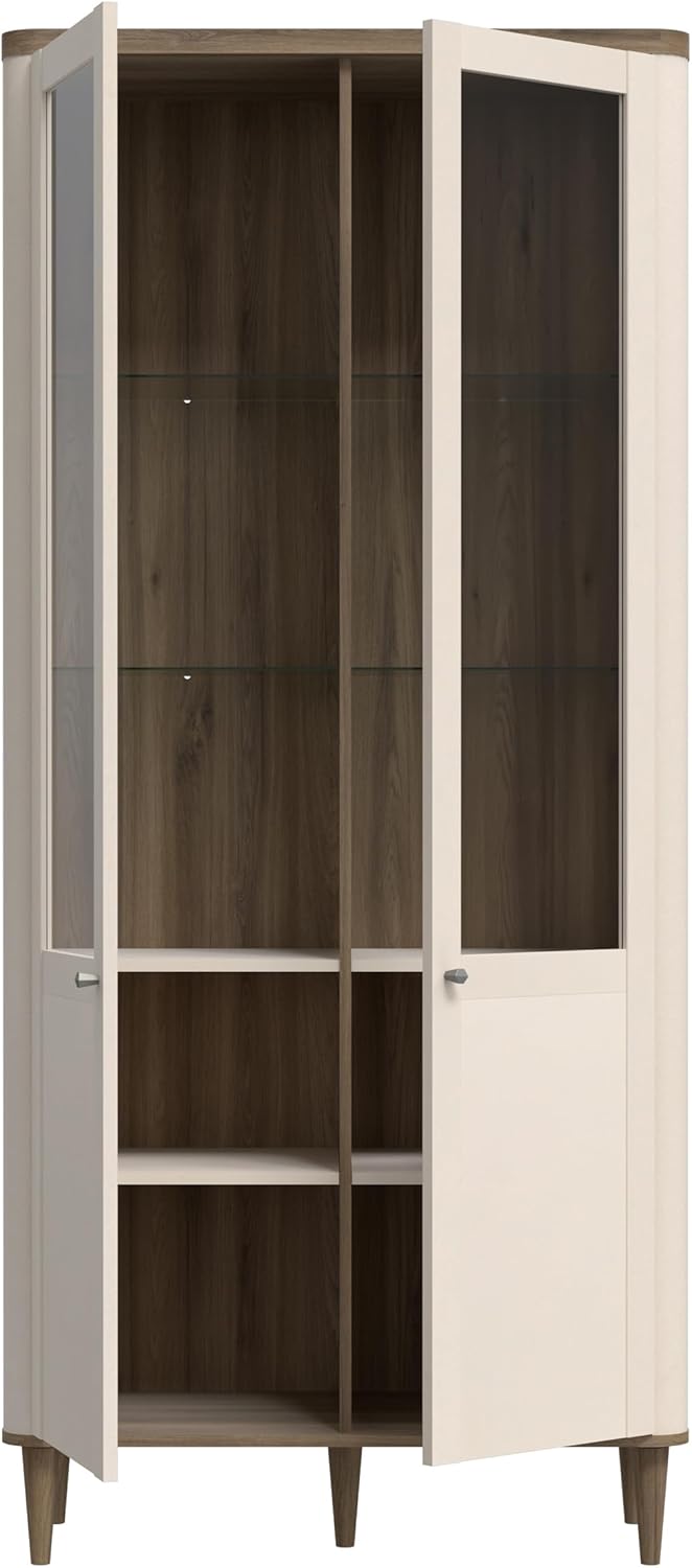 Forte LACETTI Vitrine 90, Moderne Wohnzimmervitrine mit Skandi Lamellen Design, 2-türig, Holzwerkstoff, Kaschmir | Beige mit Valencia Eiche Holzdekor, 90,1 cm breit x 200,5 cm hoch x 41,2 cm tief