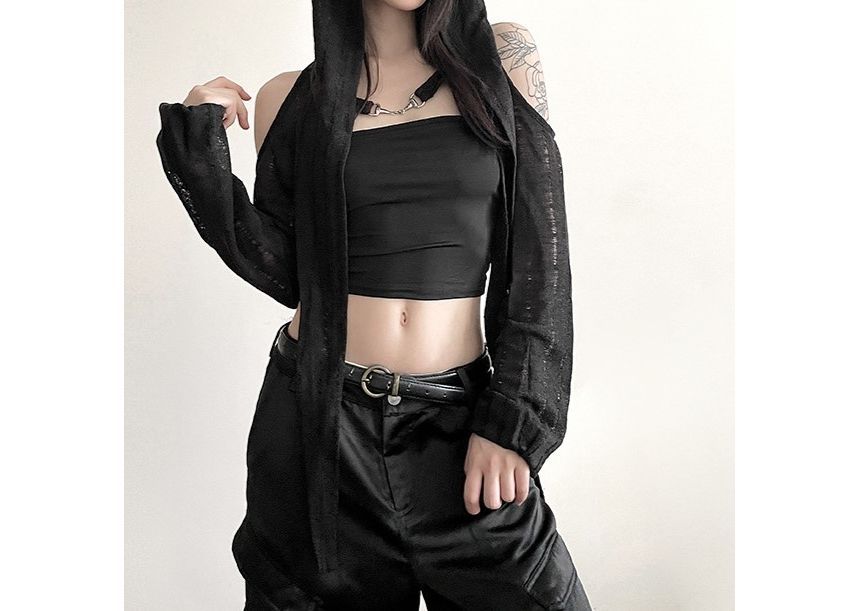 Sugarcoat - Lange mouwen, blote schouders, effen crop top met capuchon