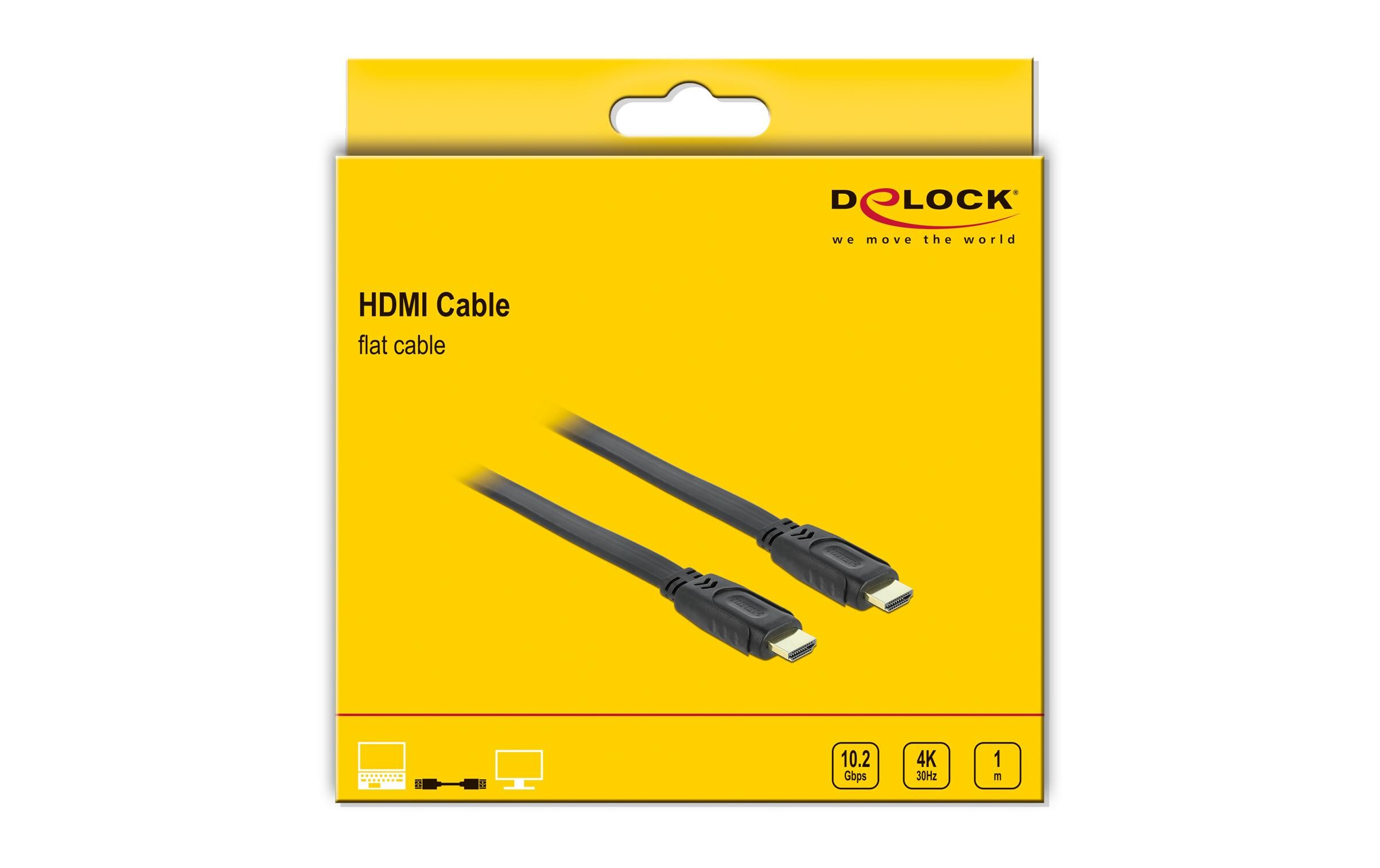Kabel flach HDMI - HDMI, 1 m, SchwarzDelock Kabel High Speed HDMI mit Ethernet – HDMI A Stecker > HDMI A Stecker flach 1 m