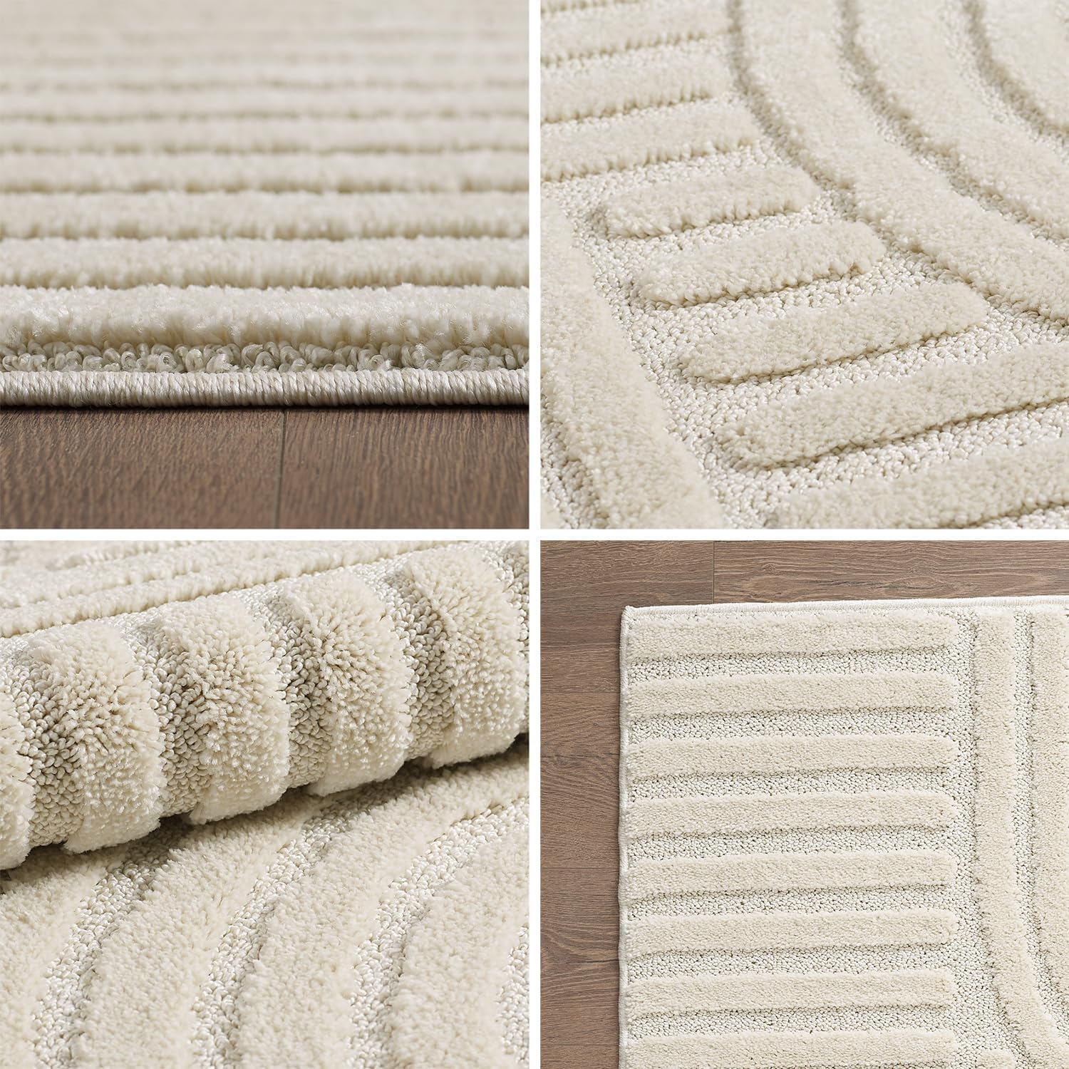 HomebyHome Kurzflor Teppich 240 x 340 cm Creme - Hoch-Tief 3D Effekt Waschbar, Flauschig und Extra Weich - Skandinavisch Boho Muster für Wohnzimmer, Schlafzimmer, Esszimmer und Küche