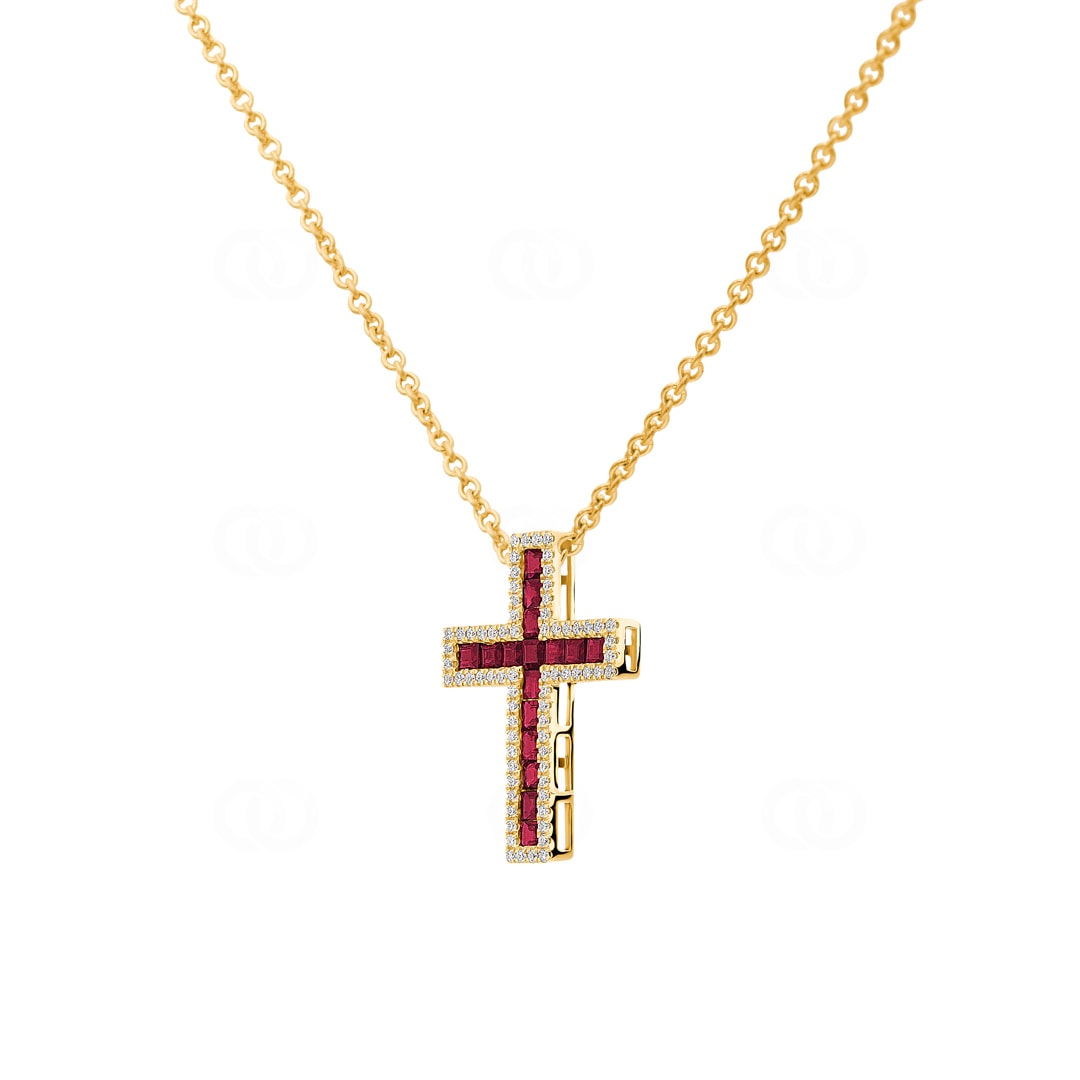 Collier 750/18 K Gelbgold Kreuz mit Rubinen & Diamanten 0.23 ct H/si