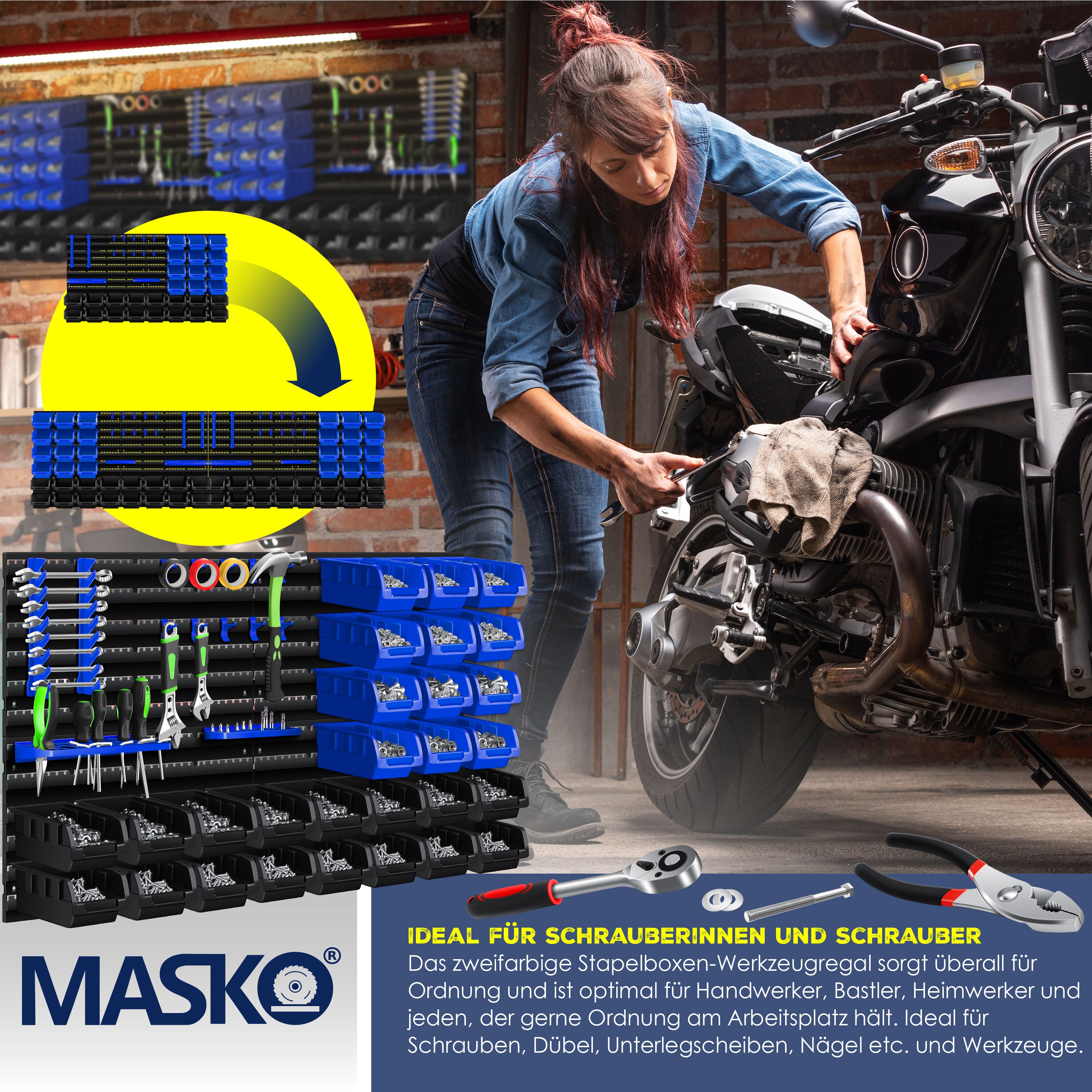 MASKO® Wandregal + Stapelboxen + Werkzeughalter | 45 tlg Box | Erweiterbar | Werkstattregal Lagerregal Steckregal Set Box | Sichtlagerkästen | Kleinteilemagazin | Sortimentskasten | Werkstatt |