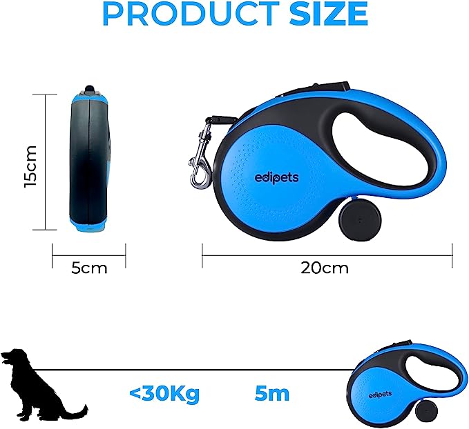 Guia extensível Edipets com sistema de freio, azul, para cães.