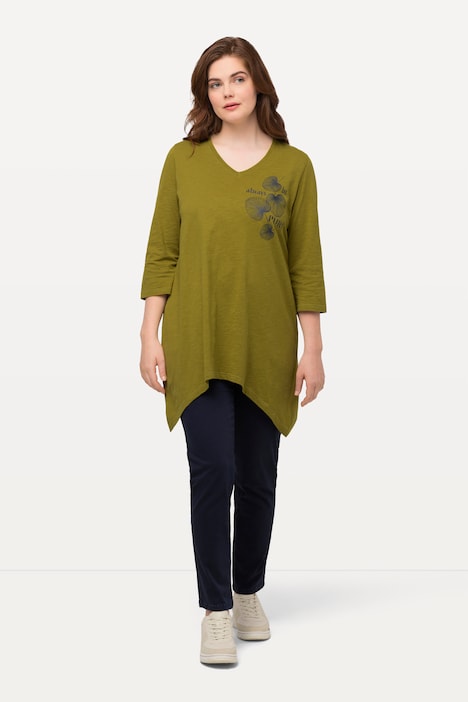 Shirt, Blätter, V-Ausschnitt, 3/4-Arm, Biobaumwolle