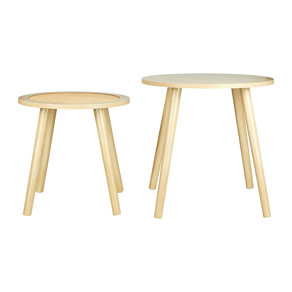 Paire de tables gigognes rondes cannage et bois naturel
