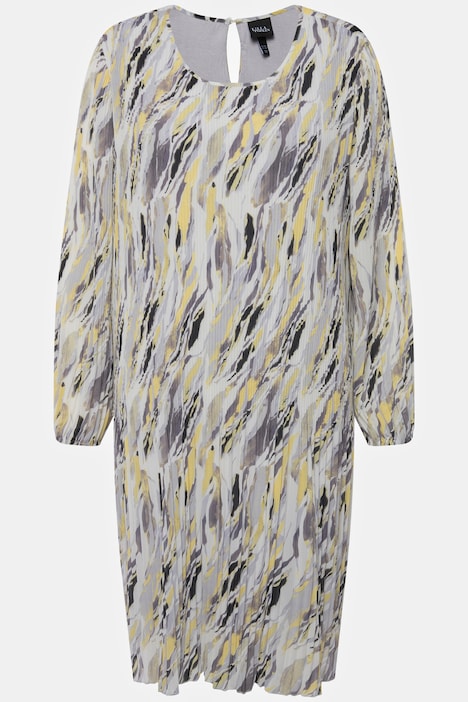 Plissee-Kleid, Marmordruck, Godetfalten, Rundhals, Langarm
