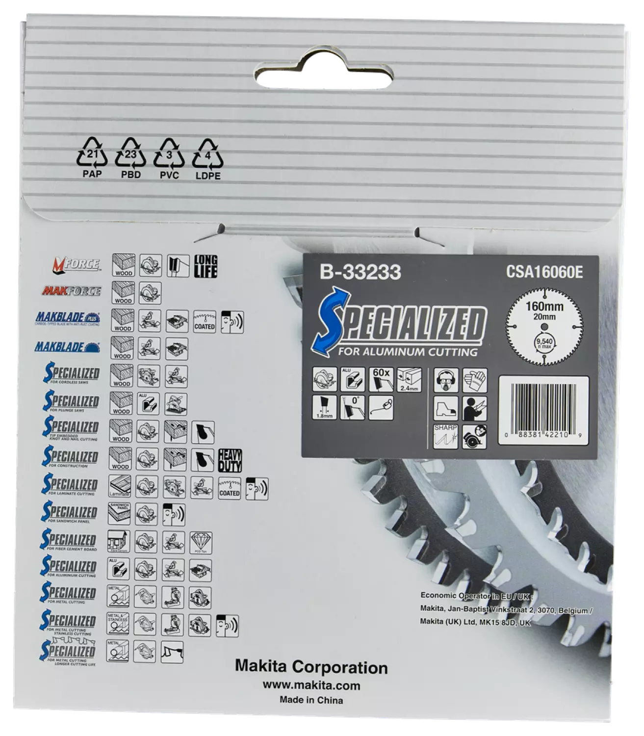 Makita B-33233 Cirkelzaagblad - Aluminium - Specialized - 160x20x2,4mm - 60T