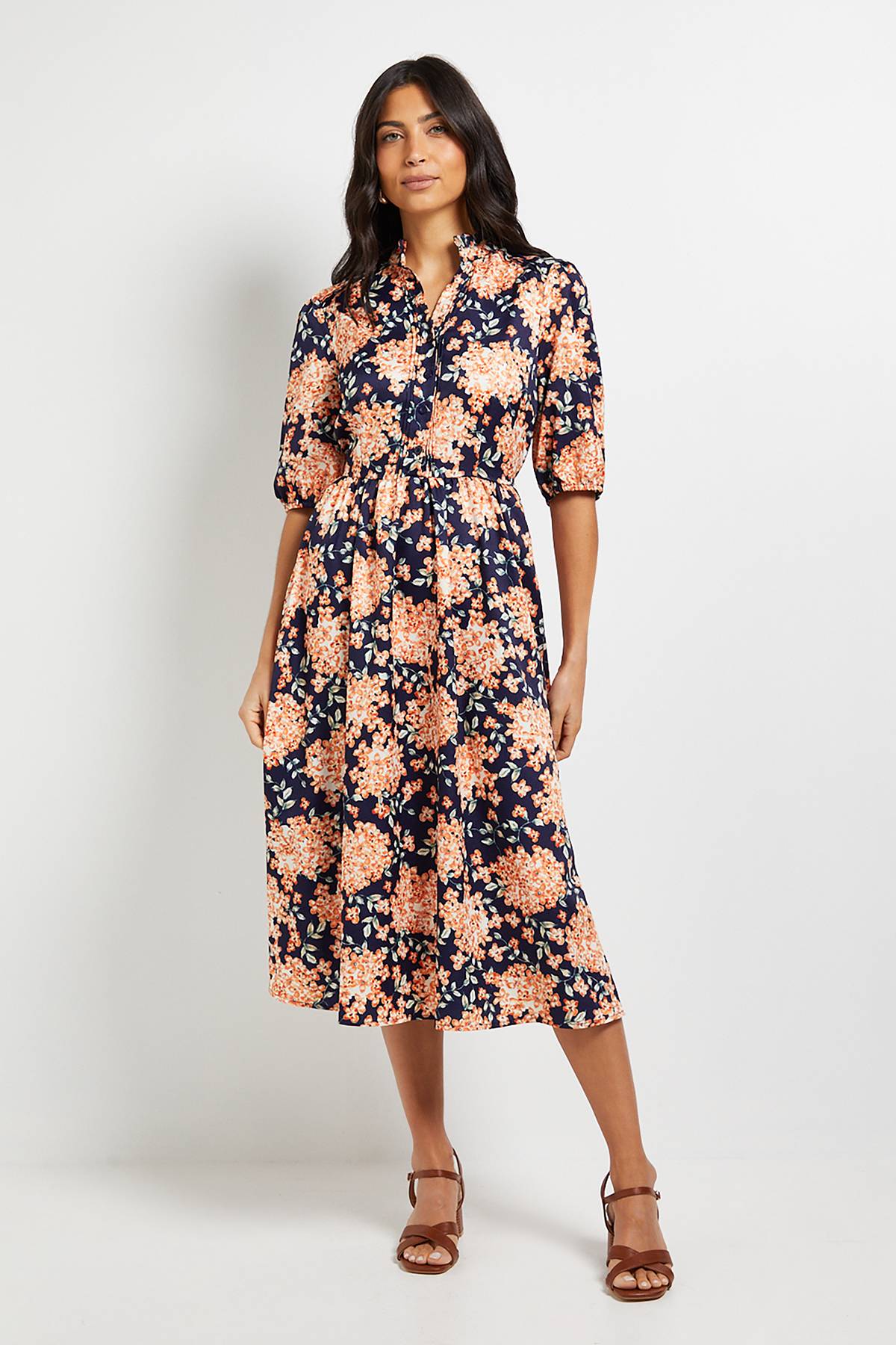Wallis Robe Midi À Fleurs Avec Manches Bouffantes Et Plis Nervurés