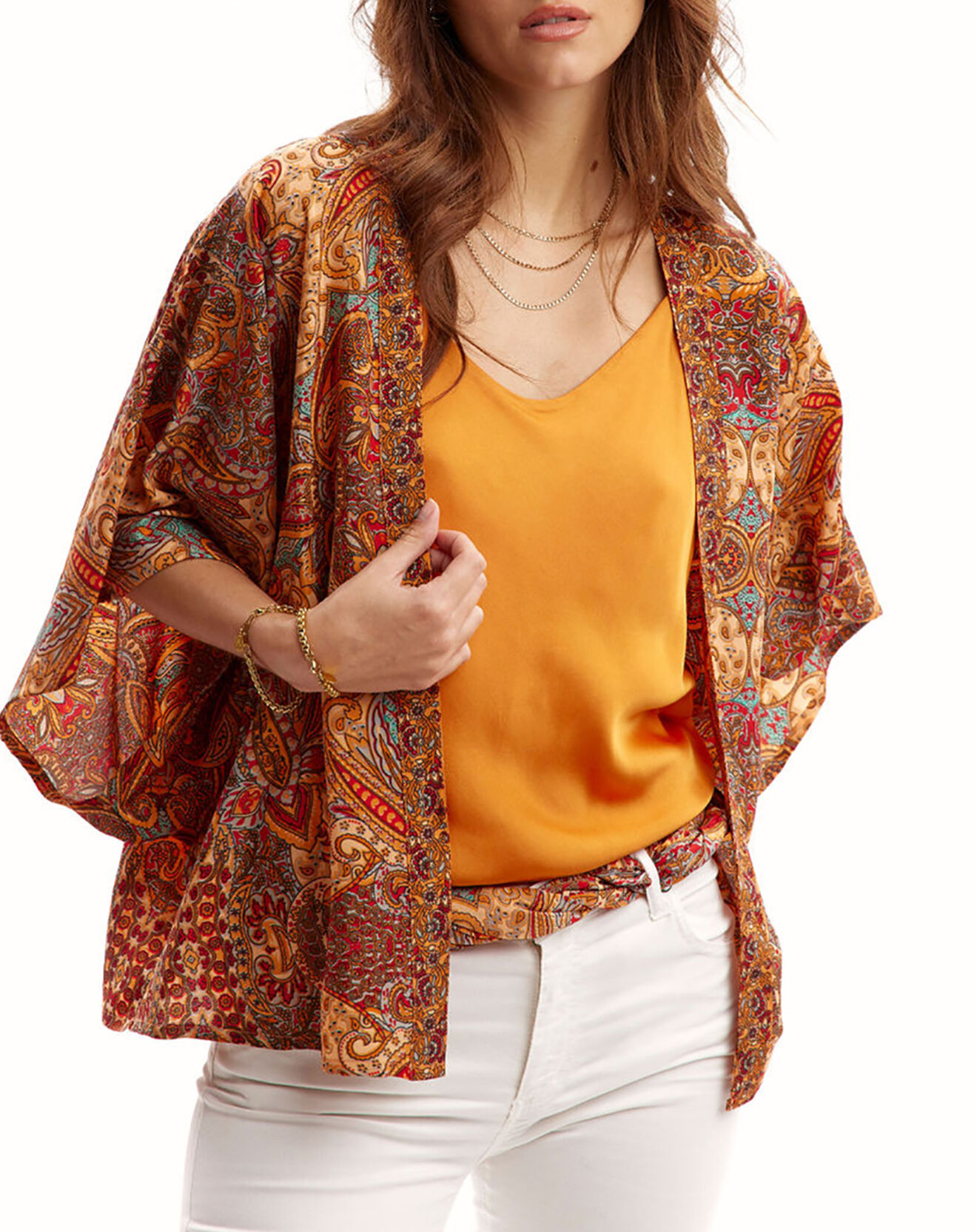 Lauren Vidal Kimono en Soie mélangée Sasha imprimé papaye