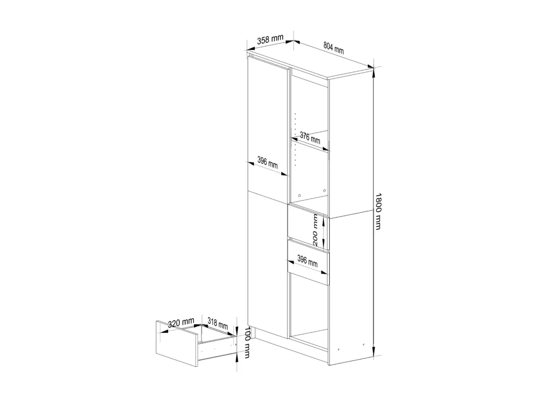 Bibliothèque de bureau AKORD R15 Blanche 80 cm 1 porte 2 tiroirs façade Blanche mat 7 étagères 80x35x180 cm