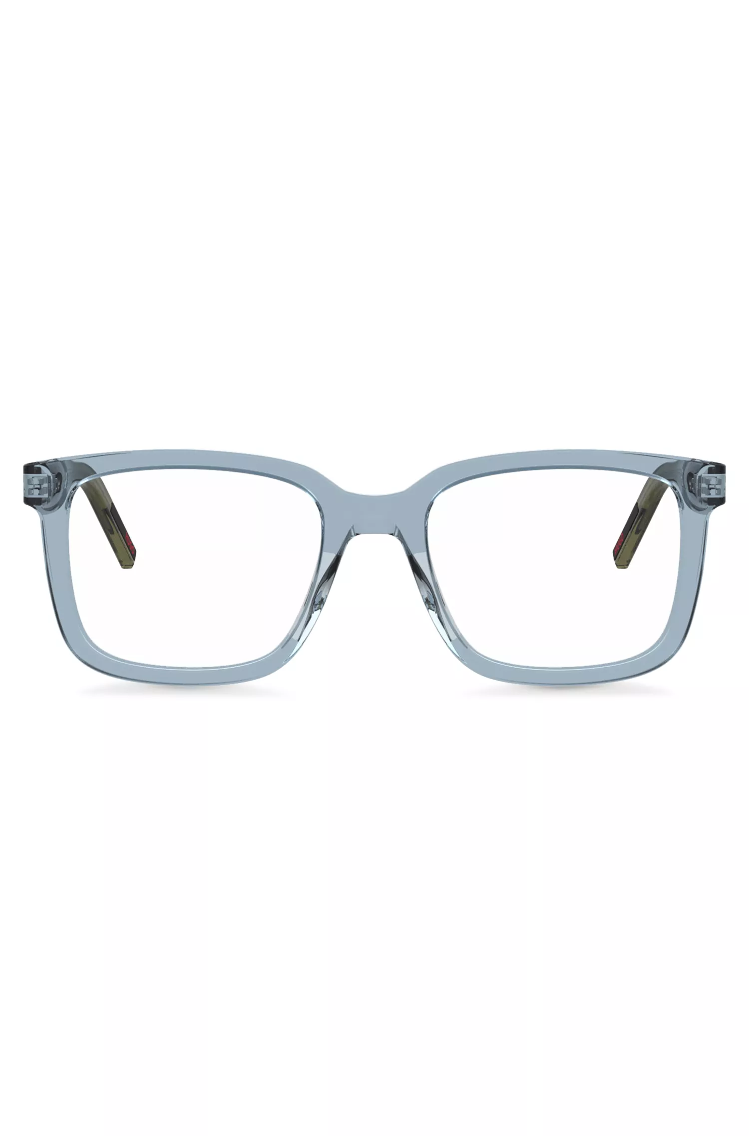 Armação de óculos HUGO em acetato transparente vermelho nas cores azul e verde.