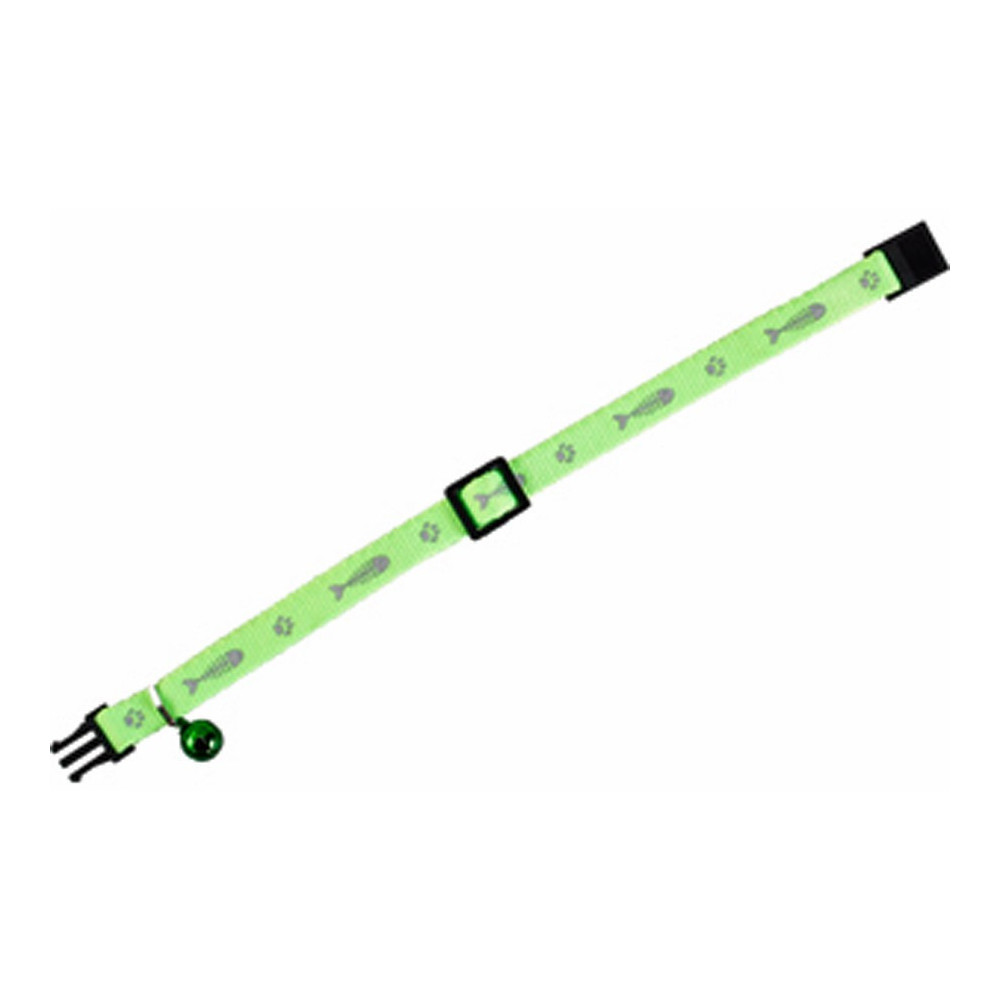 Collier réglable de 20 à 35 cm vert motif poisson + clochette pour chat
