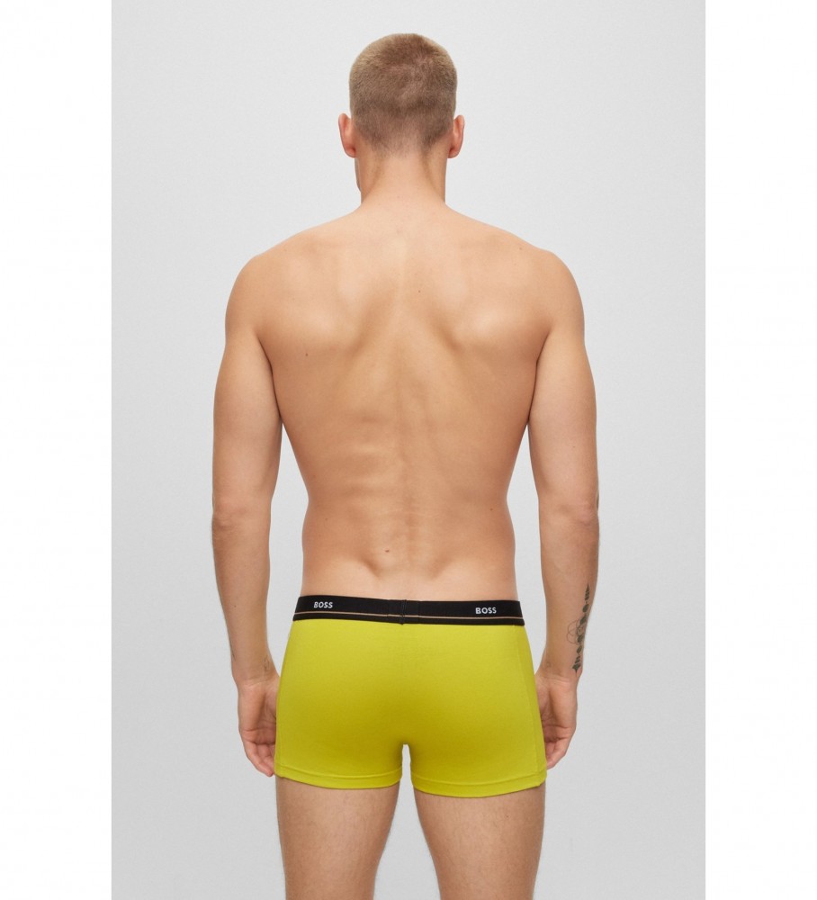 Cuecas Boxer BOSS, pacote com 5 unidades, nas cores verde, preta, azul-marinho e amarela.