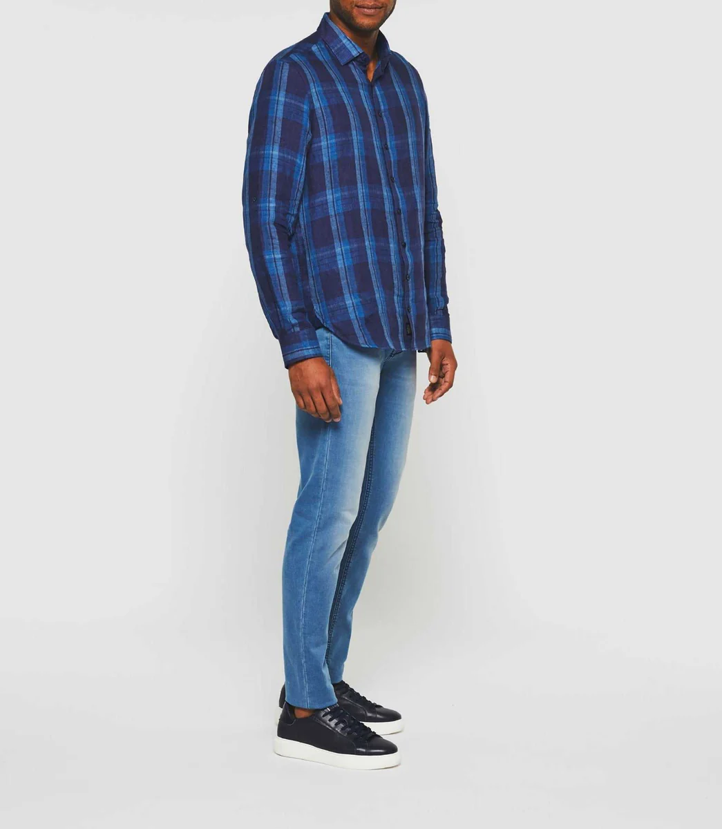 Chemise à carreaux en lin manches longues bleue 