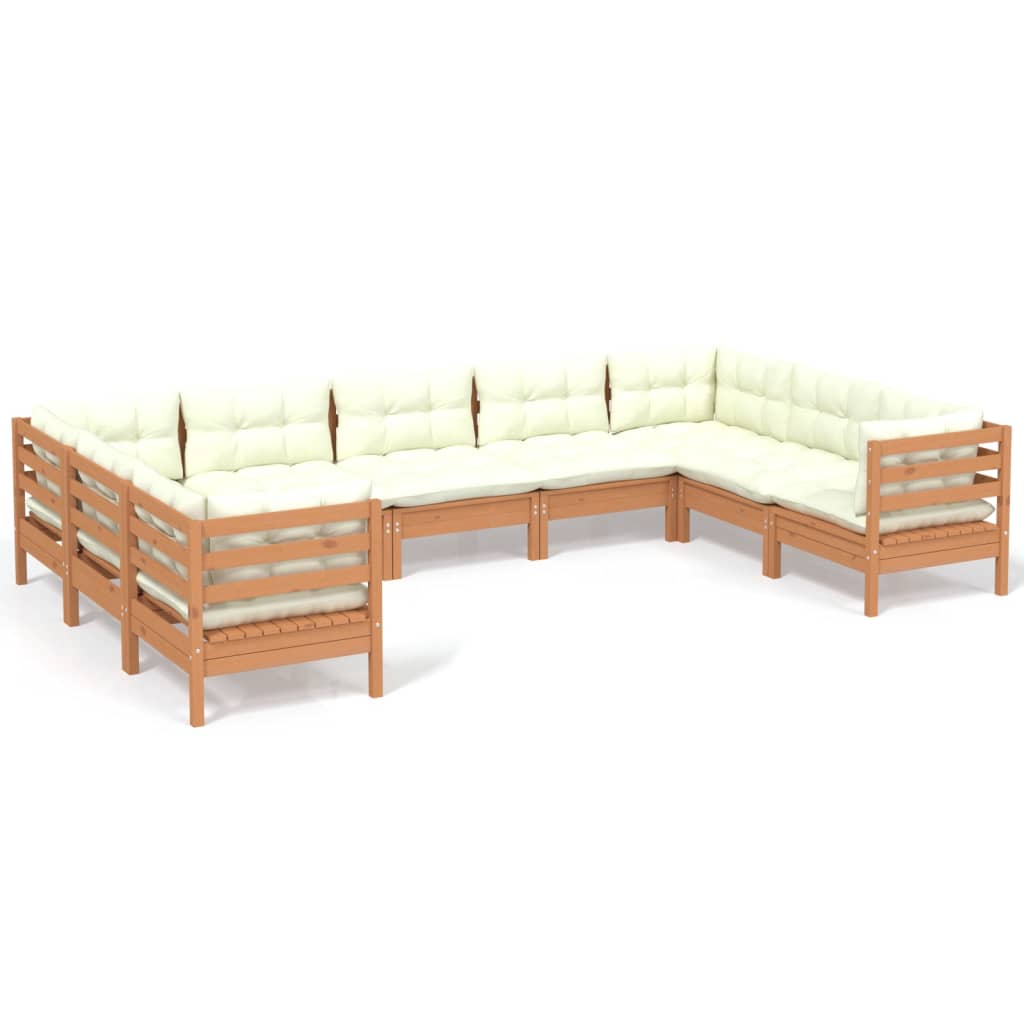 Salon de jardin meuble d'extérieur ensemble de mobilier 9 pièces avec coussins marron miel bois de pin