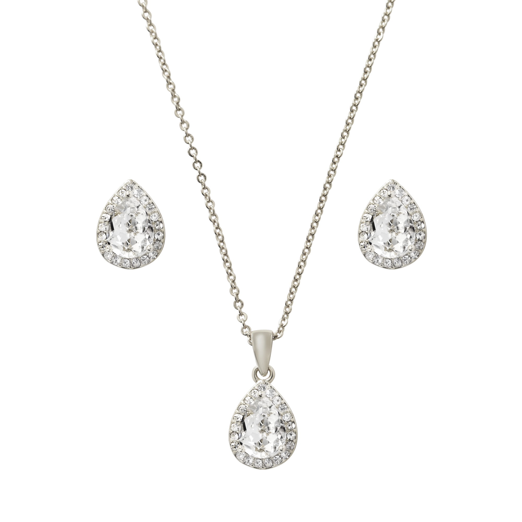 (3-tlg. Set) Damen Halskette / Ohrstecker mit Teardrop Strass Stein Anhänger - Silber