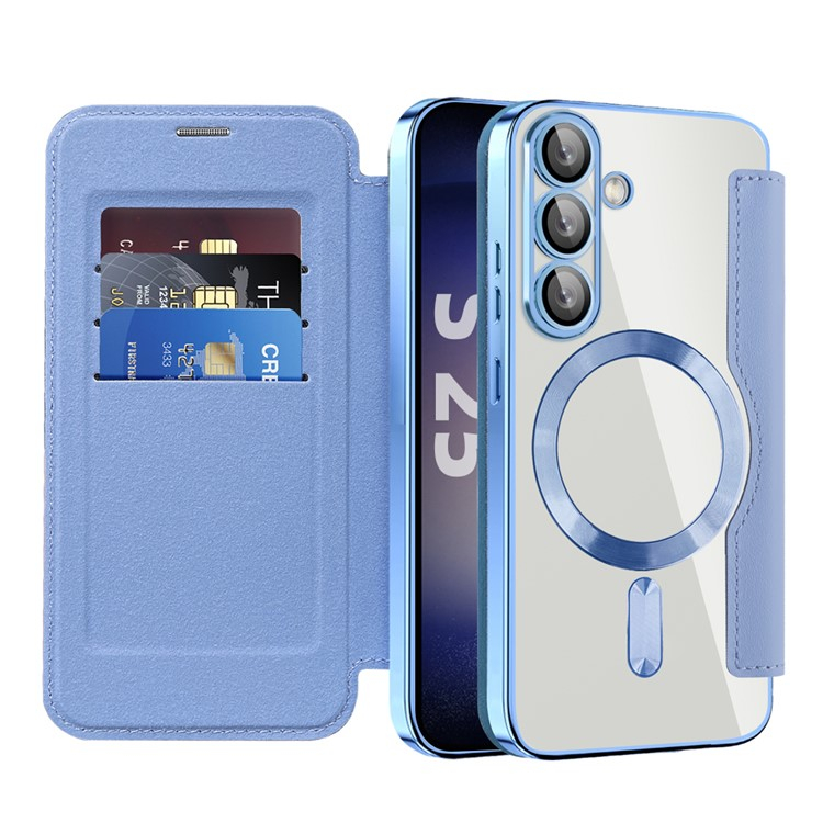 Samsung Galaxy S25 Hybrid Leder Tasche   Kunststoff Rückseite MagSafe-Modul (RFID Schutz) - Blau / Transparent