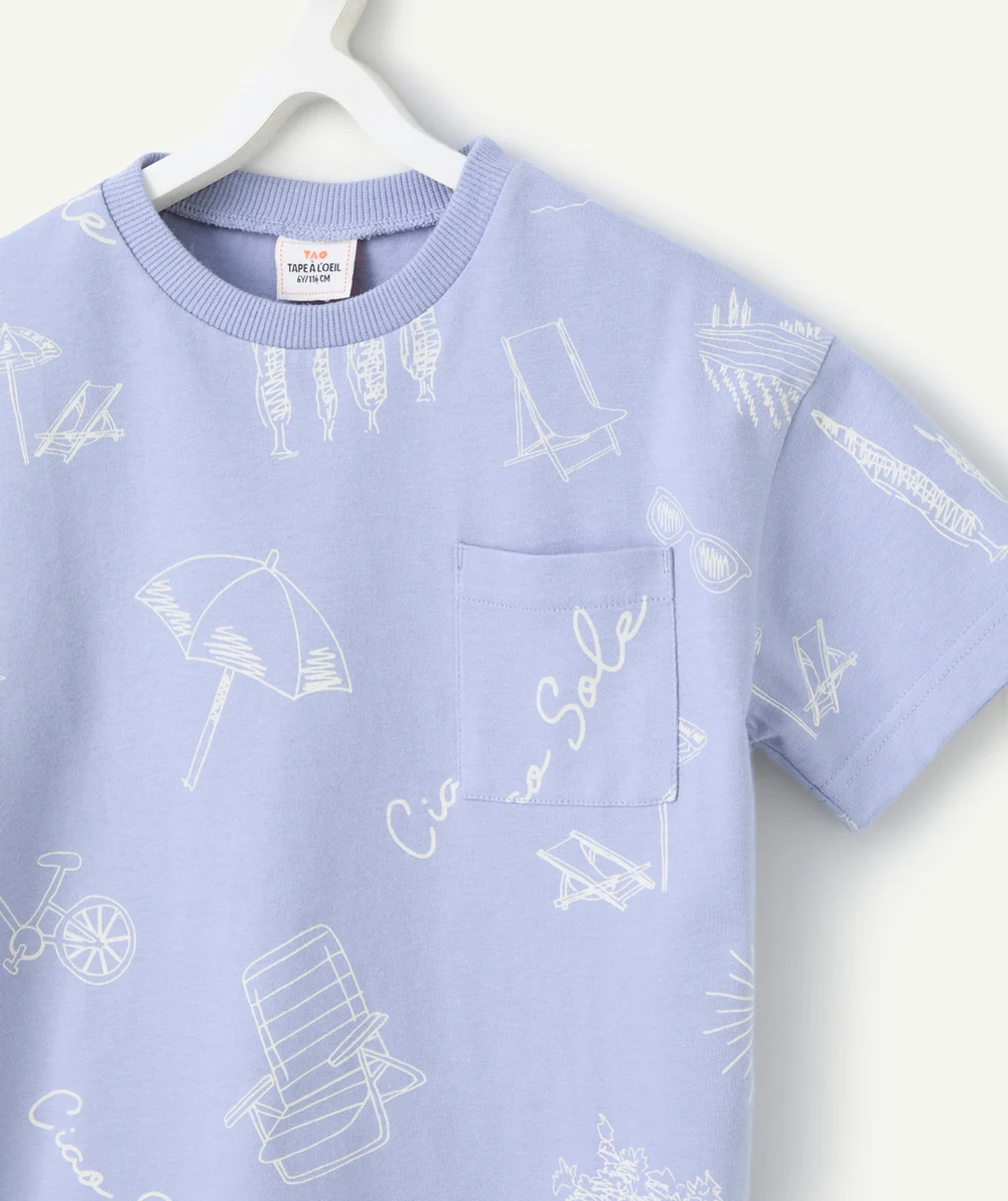 t-shirt manches courtes garçon en coton bio mauve avec imprimé