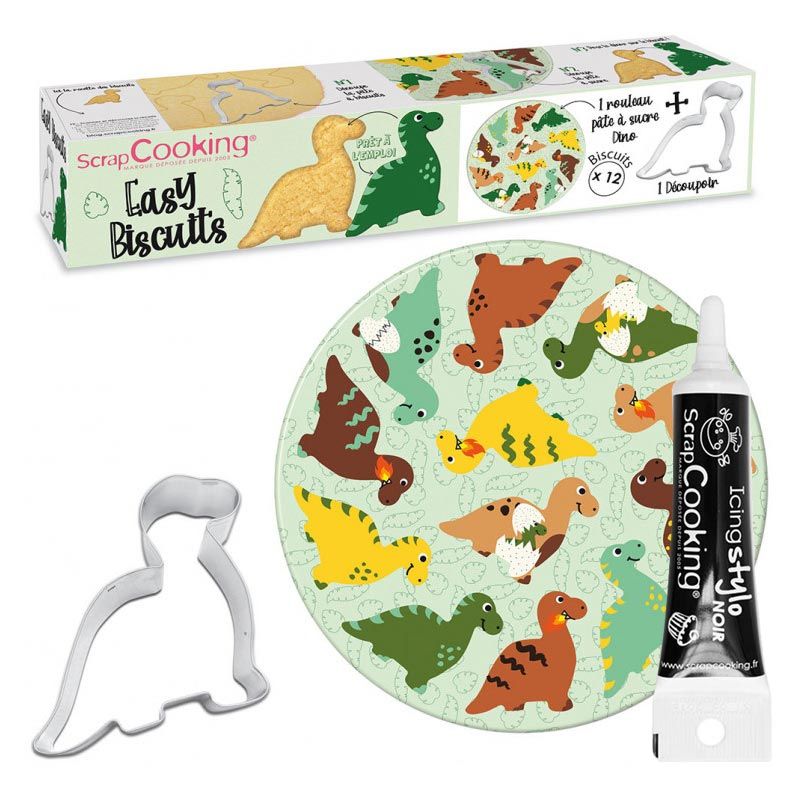 Kit décoration de biscuit Ø 29,5 cm Dinosaure + Stylo de glaçage noir