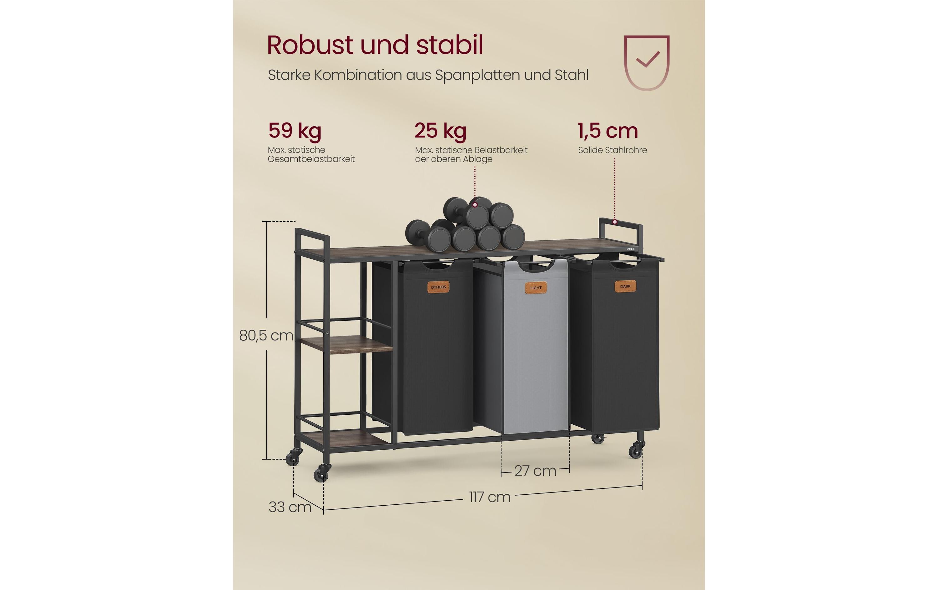 Wäschekorb 3 x 50 l, Schwarz / Grün<br>Wäschekorb mit drei Fächer, Rollen und abnehmbaren Taschen