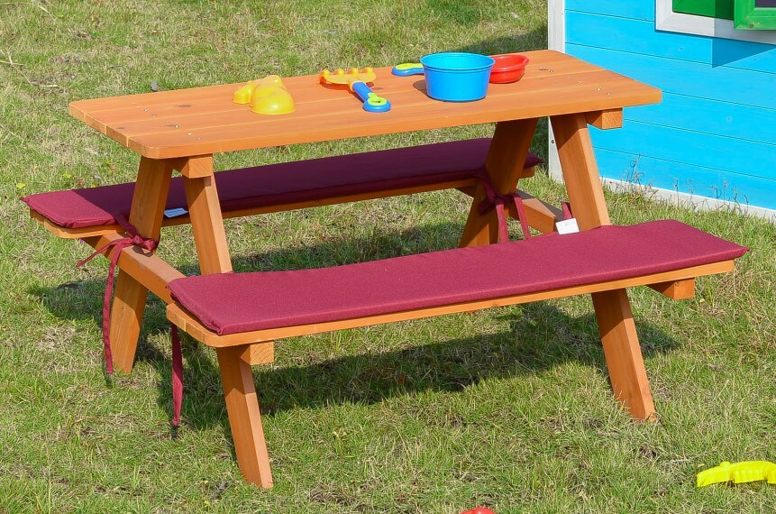 Coemo Kinder-Sitzgruppe Picknicktisch Spieltisch Holz mit zwei Sitzpolstern