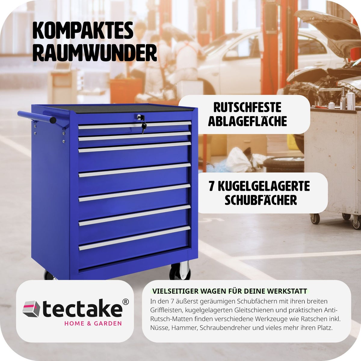 tectake gereedschapswagen met 7 kogelgelagerde laden met antislipmatten en wielen met een diameter van 100 mm.