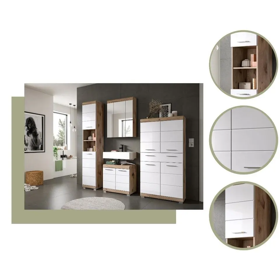 Hioshop Wave kolomkast 2 deuren- 2 planken wit hoogglans- eiken decor