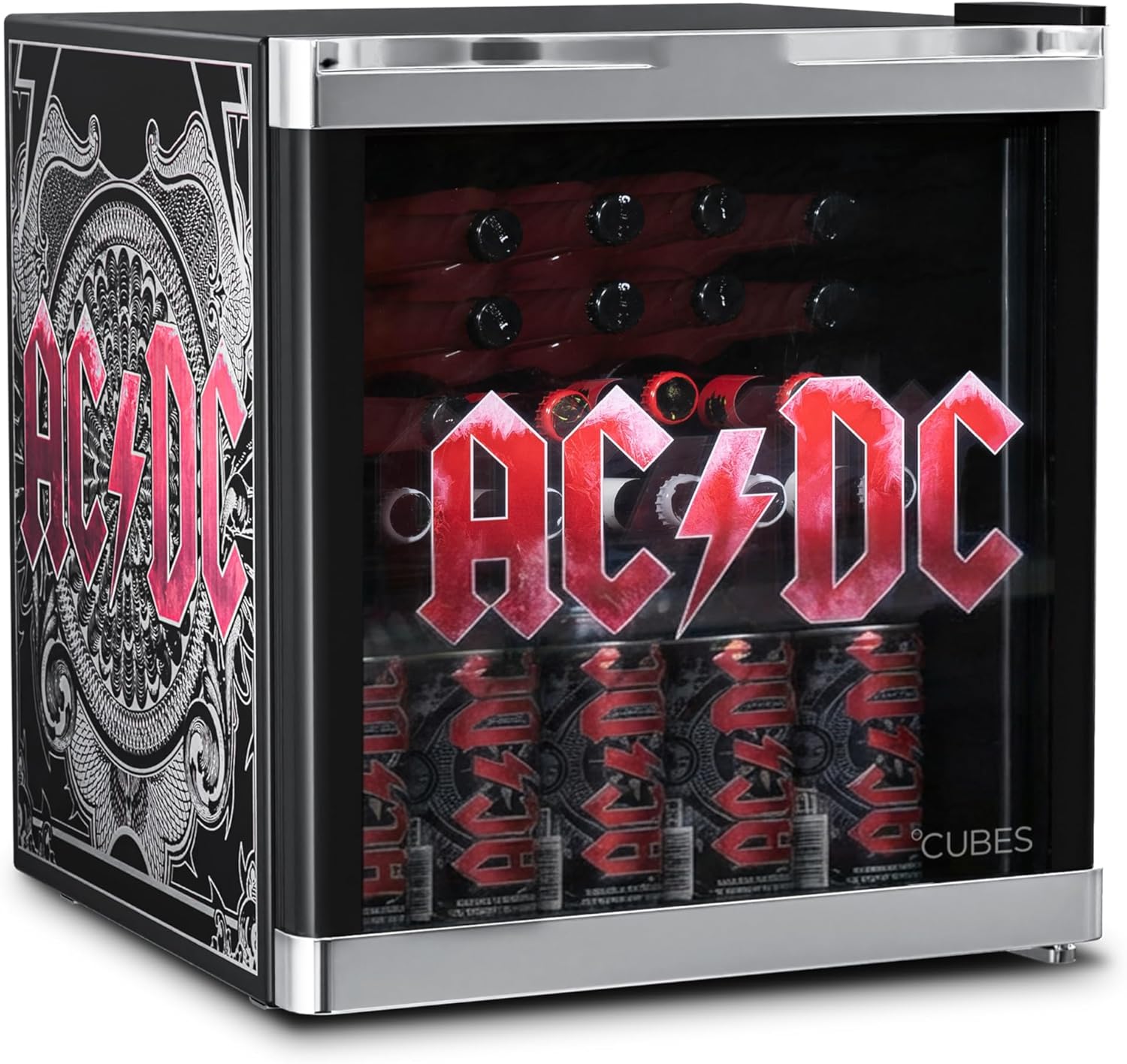 CUBES AC/DC Mini Kühlschrank 48 L – Getränkekühlschrank mit Glastür & wechselbarem Türanschlag | Leise & energieeffizient (39 dB) | Perfekt für Bar, Büro & Gaming | Kult-Design für Rockfans