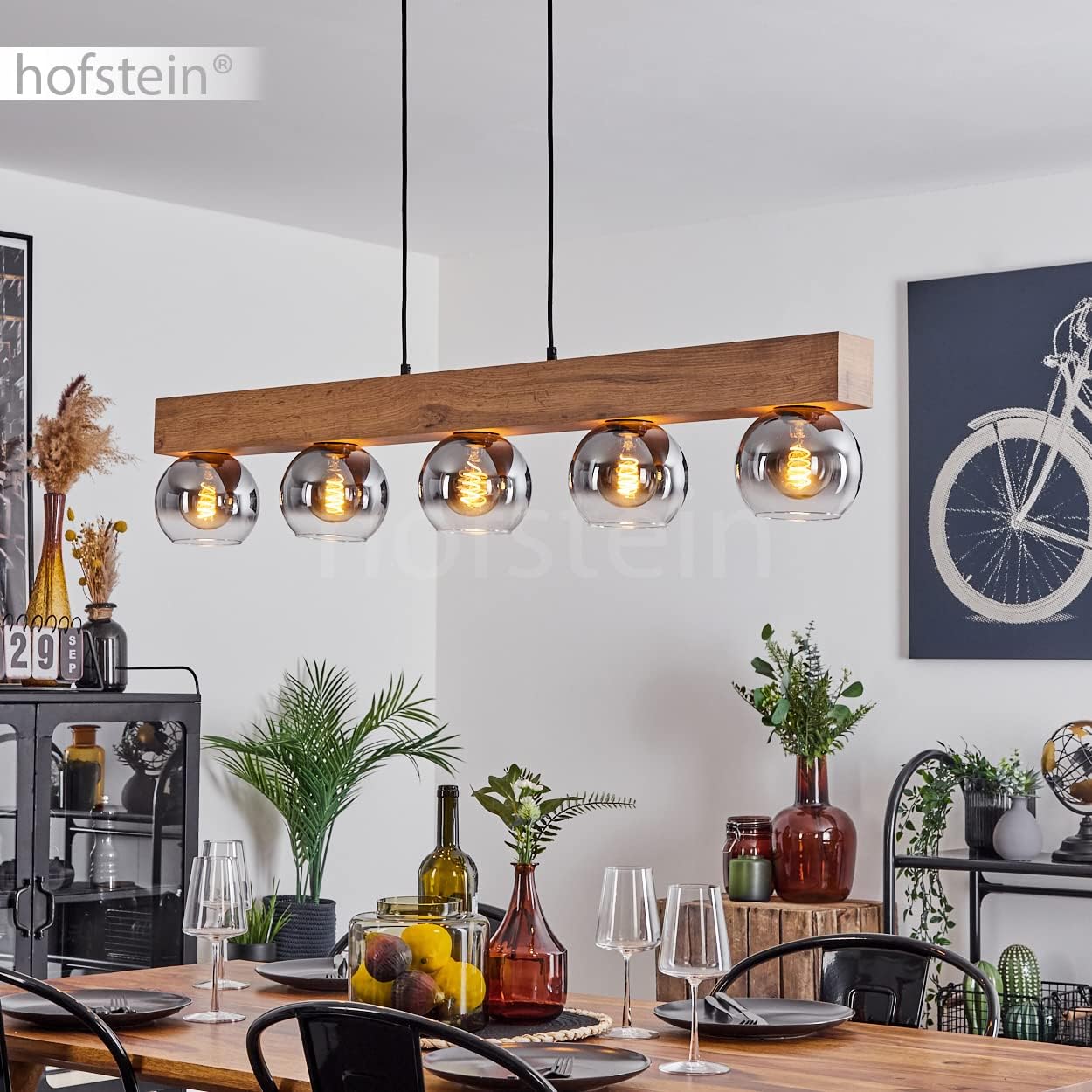 Pendelleuchte Vouhet, moderne Pendellampe aus Metall/MDF/Glas in Schwarz/Holzoptik/Braun/Chromfarben, Leuchte mit Höhe max. 122,5 cm, 5-flammig, 5 x E27, ohne Leuchtmittel