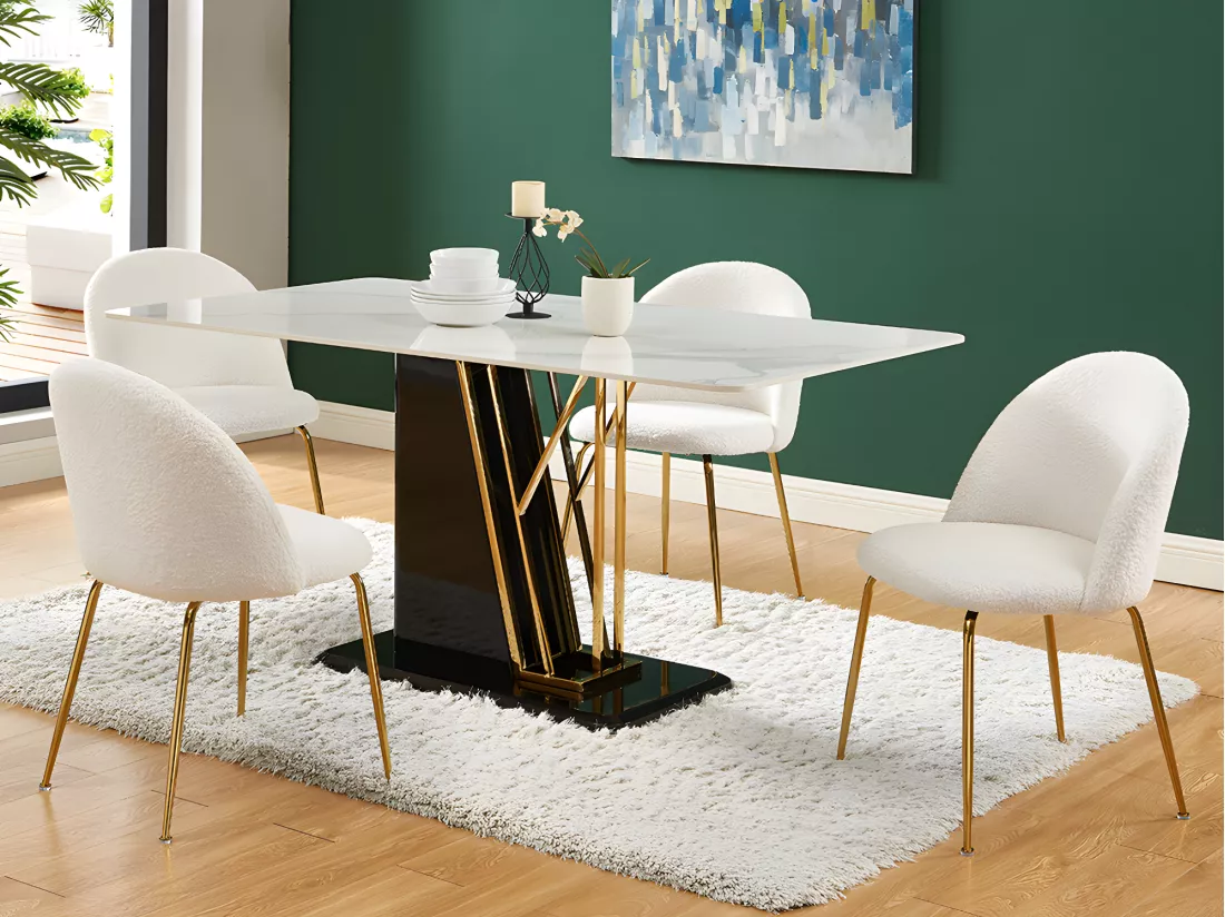 Lot de 2 chaises - Tissu bouclette et acier inoxydable doré - Blanc - MELBOURNE