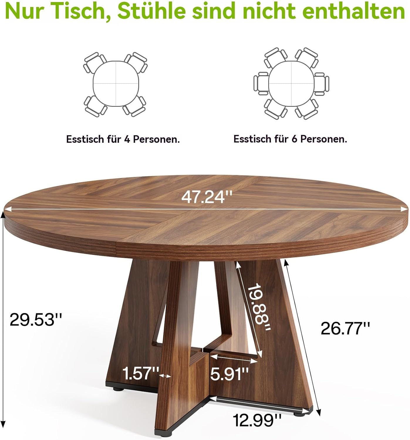 LITTLE TREE Runder Esstisch für 4–6 Personen, 120 cm Esszimmertisch mit Holzsockel, brauner Esstisch, runder Küchentisch für Esszimmer, Küche, Wohnzimmer (nur Tisch)