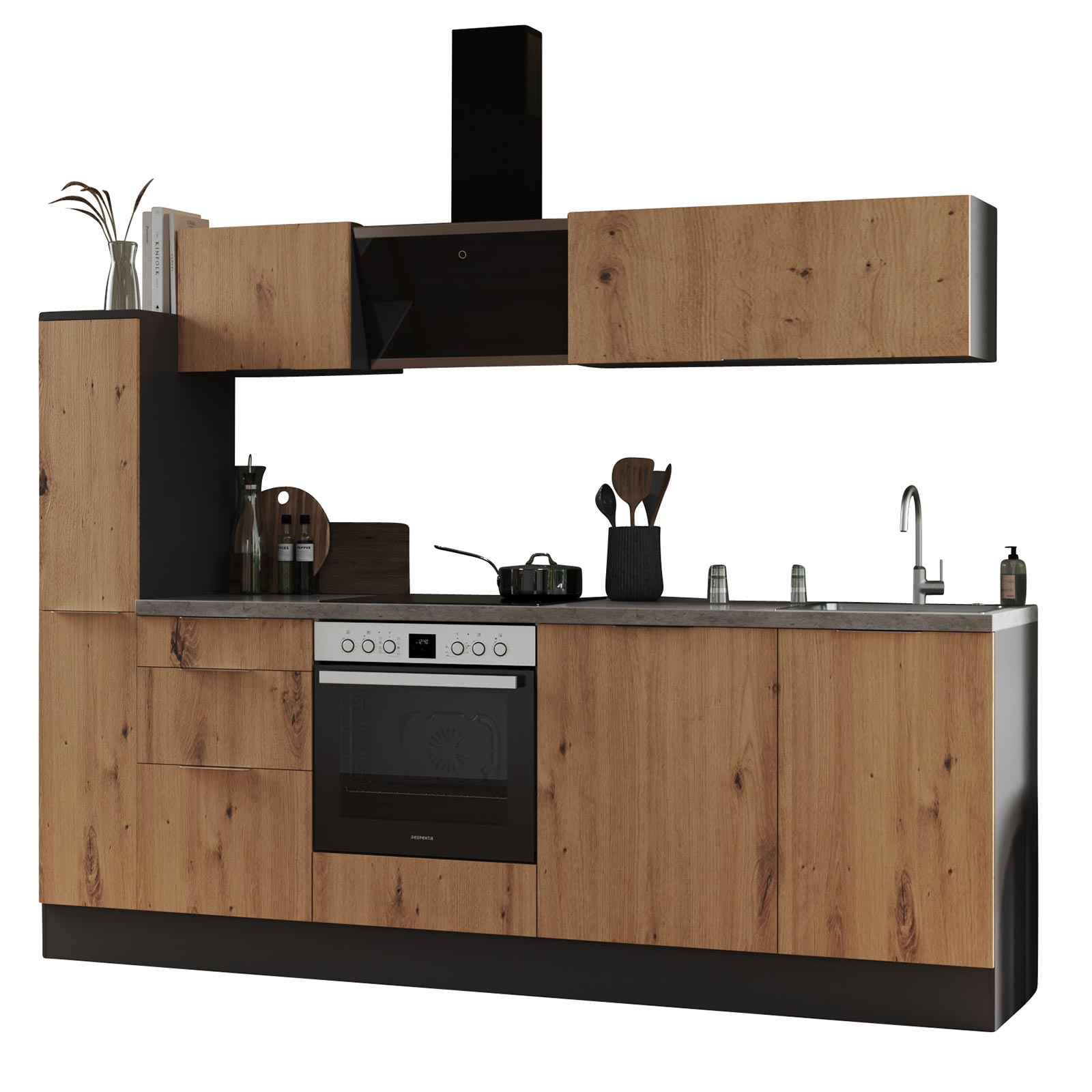 RESPEKTA Küchenblock - Artisan Eiche - grau matt - mit E-Geräten - 250 cm
