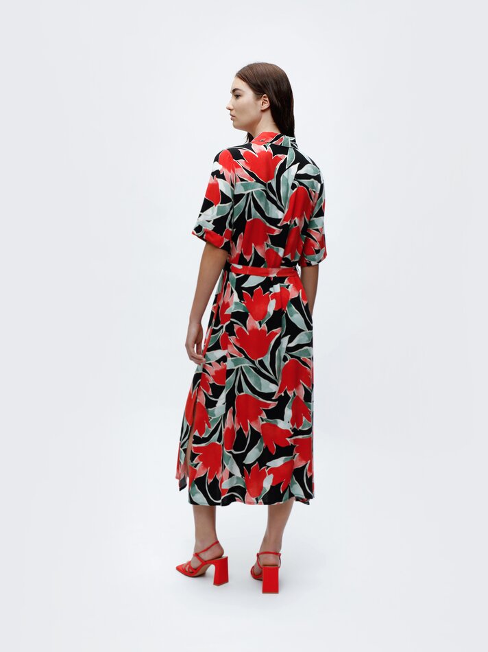 Vestido midi com cinto combinando - Vermelho