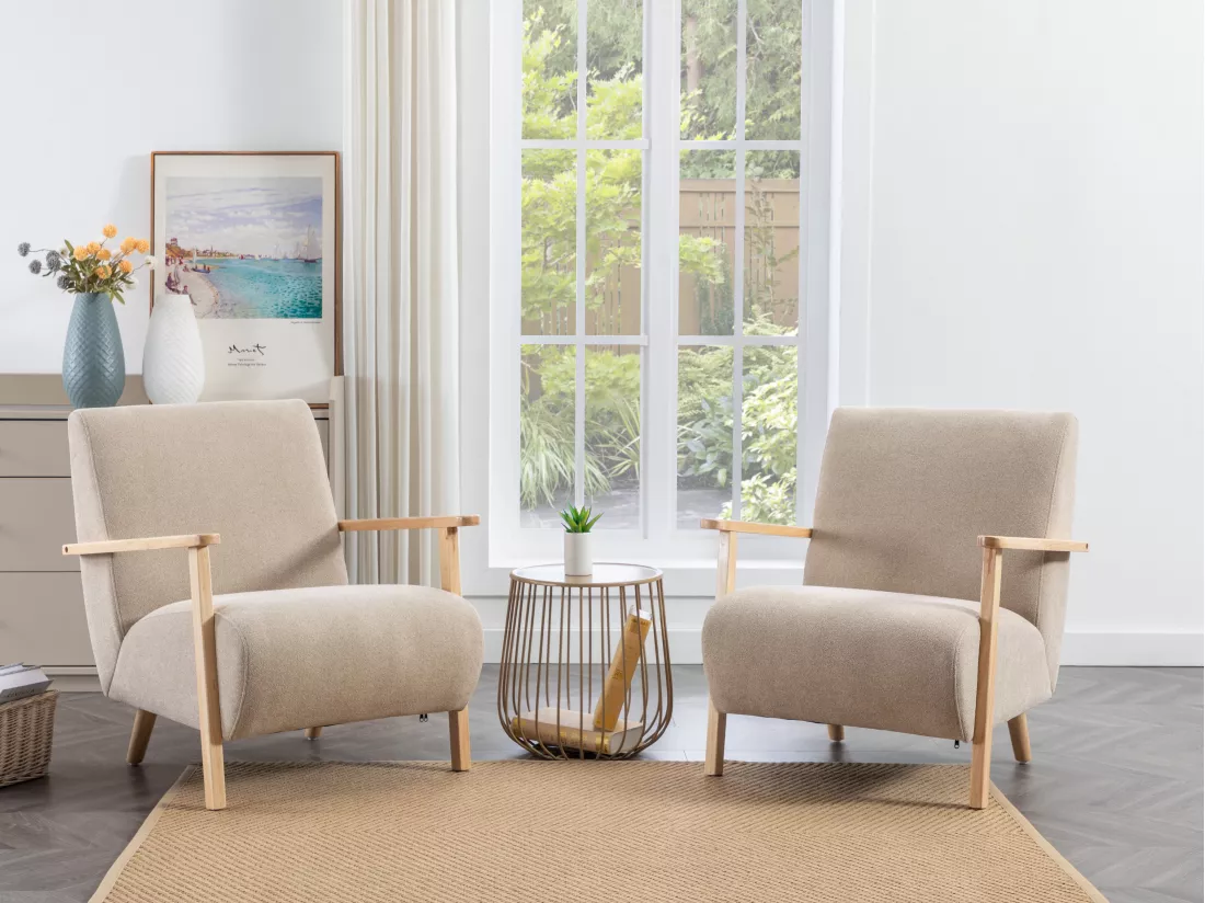 Fauteuil en tissu beige et bois JULOMO