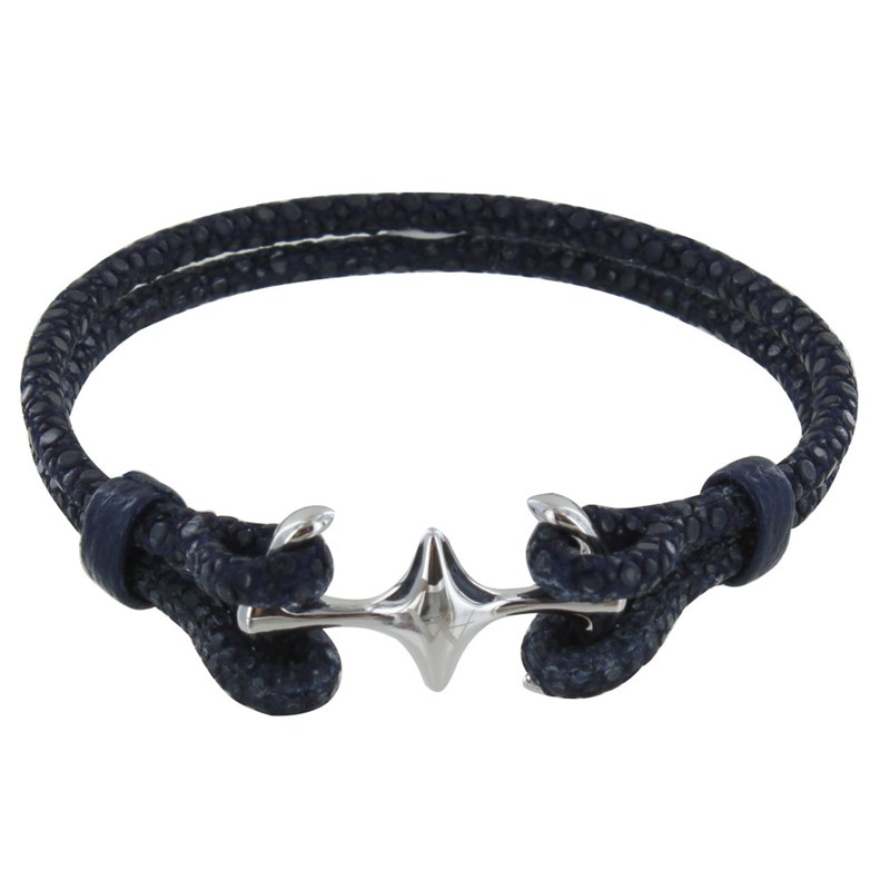 Bracelet Mixte Rhodium Double Ancre et Cuir - 18cm Classics - Bleu Navy