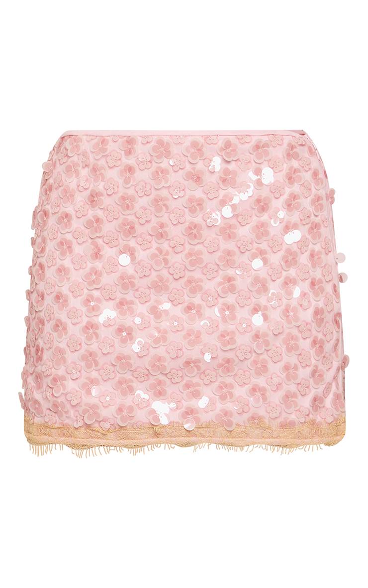 Rose Bébé Ensemble Mini-jupe À Paillettes Florales Et Bordure En Dentelle