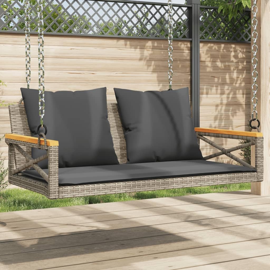 Hollywoodschaukel, Hängebank mit Kissen, Grau, 109x62x40 cm, Poly Rattan, Gartenmöbel für Terrasse, Schaukelbank
