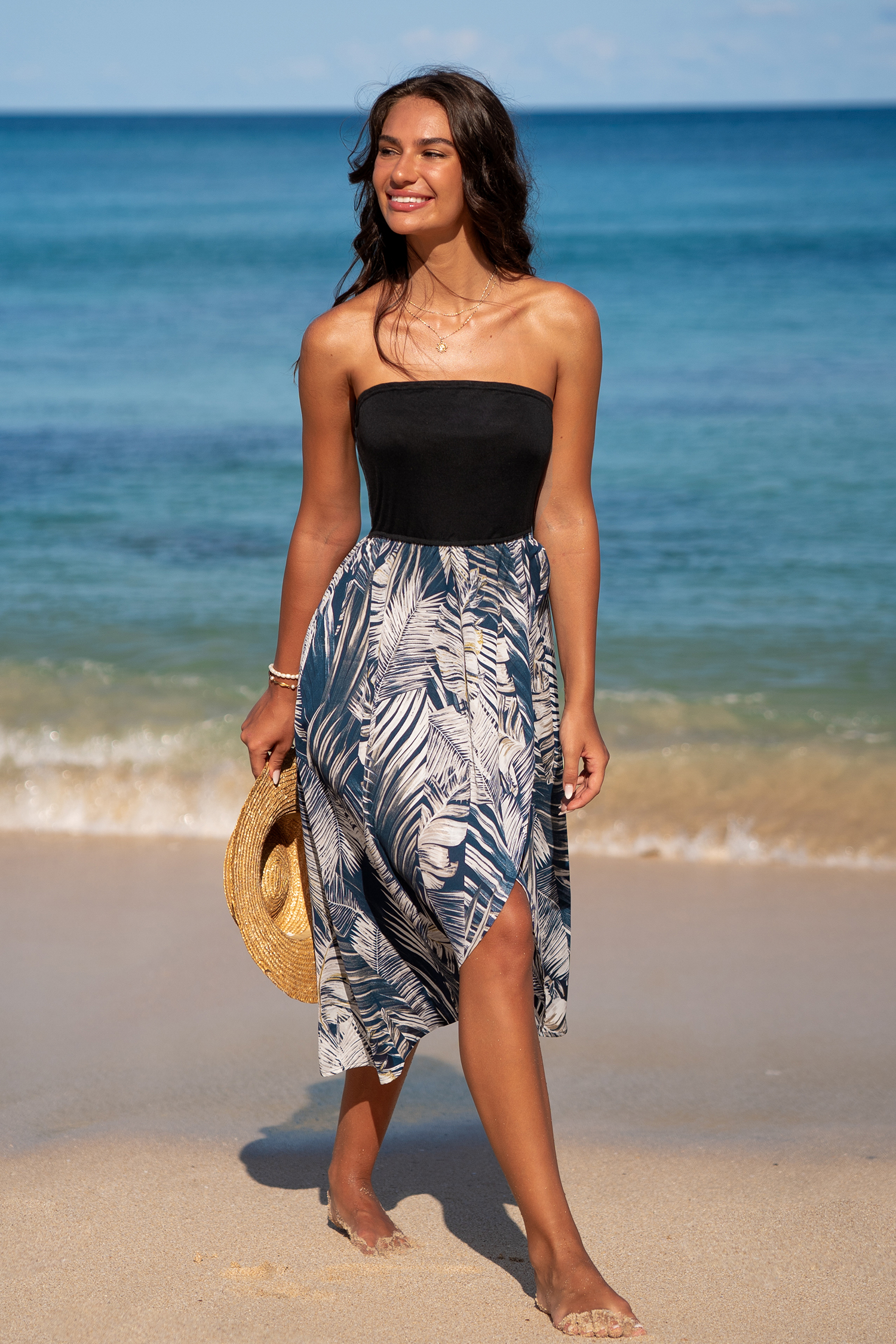 Robe tube midi à imprimé feuilles tropicales bleu marine