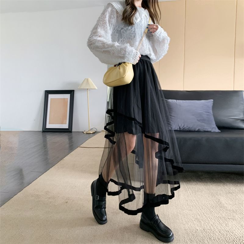 Sisyphi - Asymmetrische gelaagde midi-A-lijn rok met hoge taille en mesh