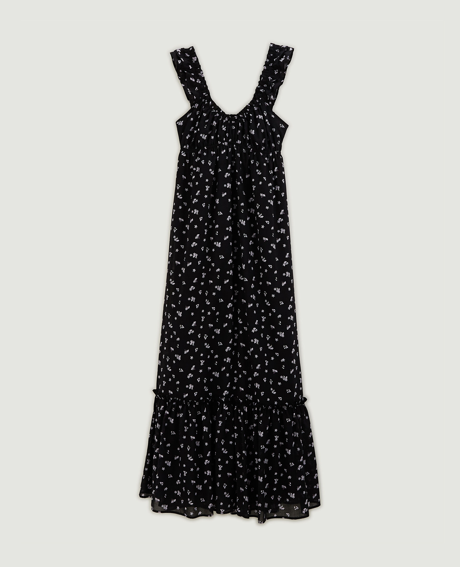 Robe longue motif fleurs avec volants - Noir