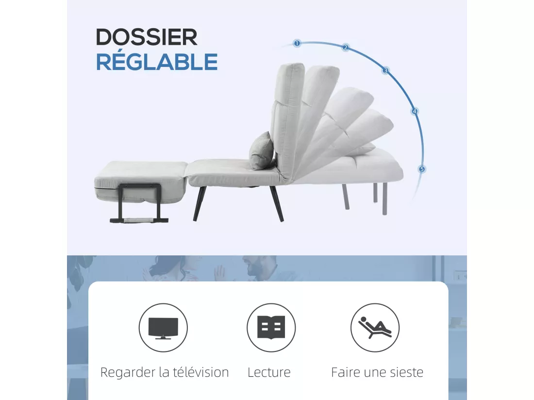 Fauteuil chauffeuse canapé-lit convertible 1 place coussin pieds accoudoirs métal noir velours gris clair