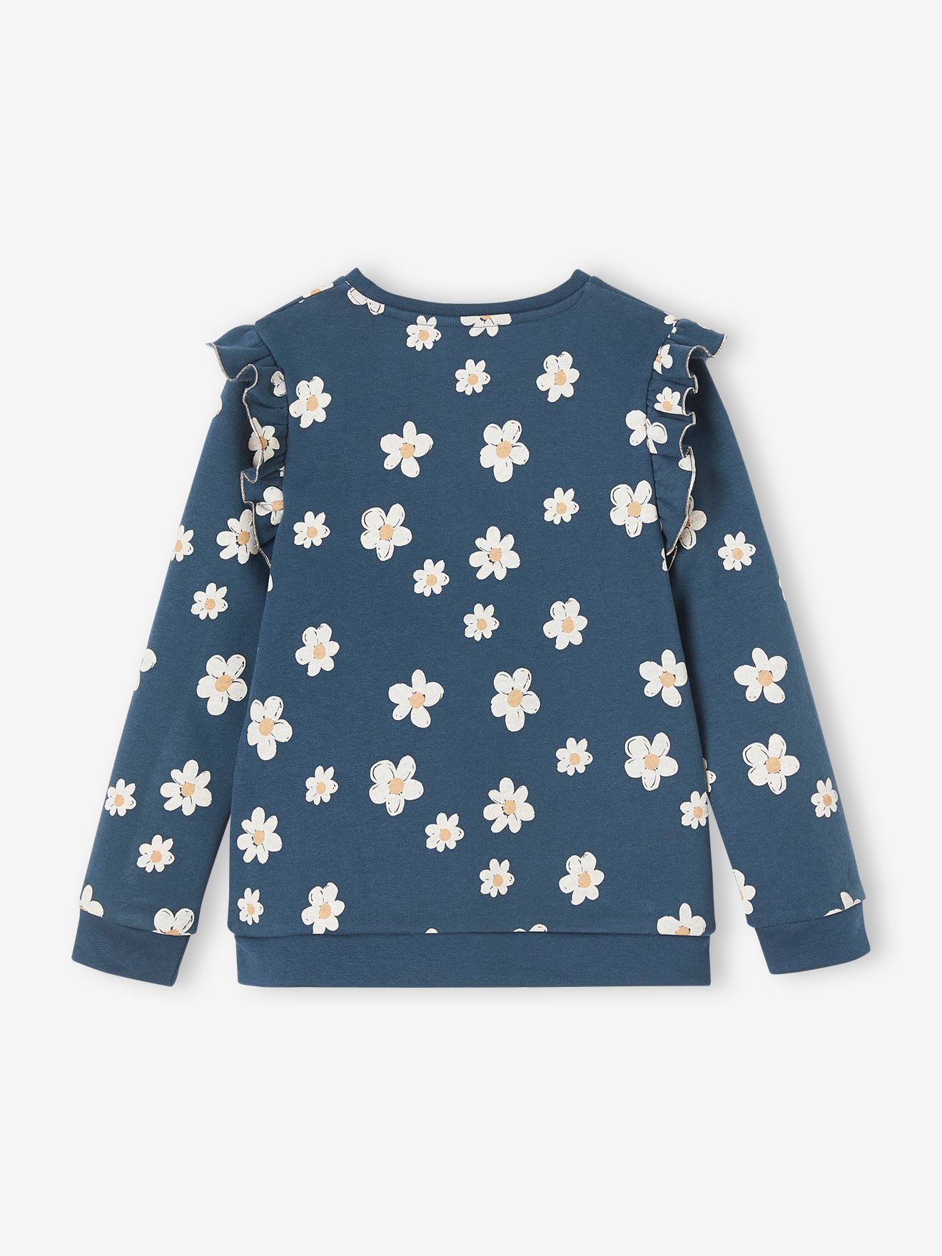 Blusa de moletom azul marinho com estampa e mangas com babados para meninas.