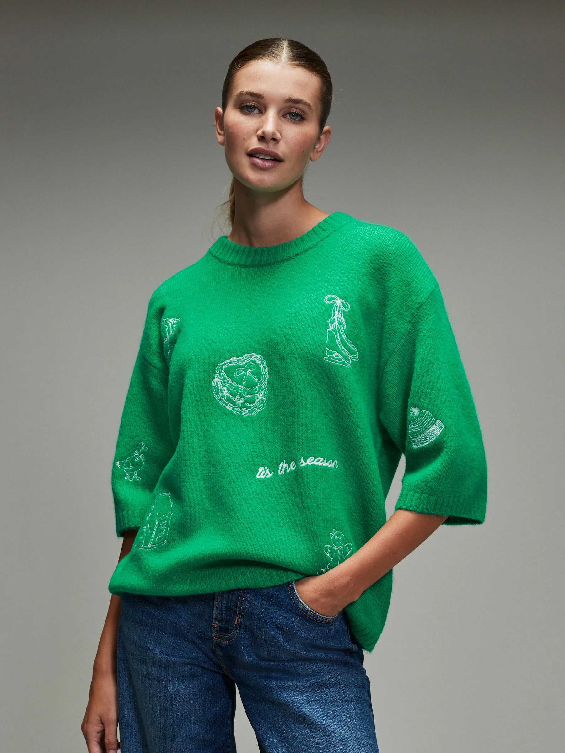 Felgroen - Embroidered Merry Era Sequin Tinsel Graphic Short Sleeve Christmas Jumper